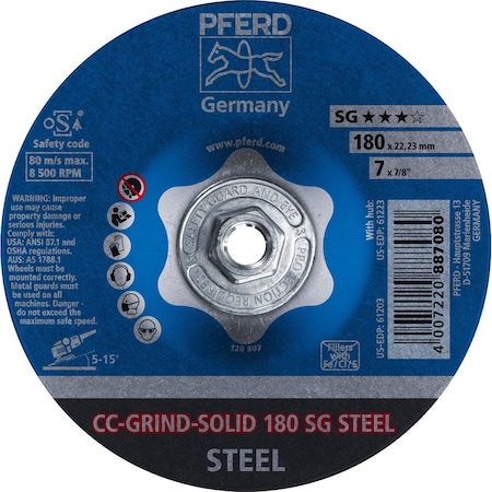 Pferd 61223 7in CC-GRIND-SOLID 5/8-11 Thread - SG for STEEL 61223-PFERD